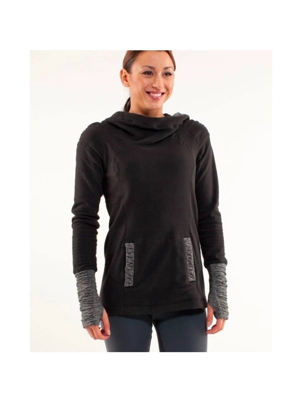 Lululemon Apres Run Fleece Size 6 Black Cowl Neck Hoodie Thumbholes Ruched